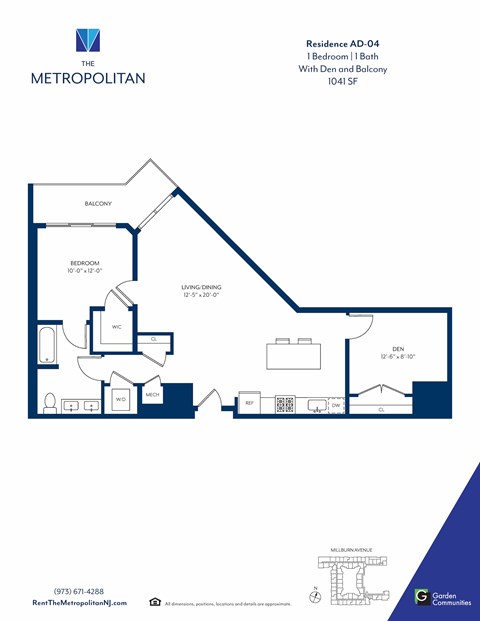 Floor plan for 1 bed, 1 bath, 1041 sqft
